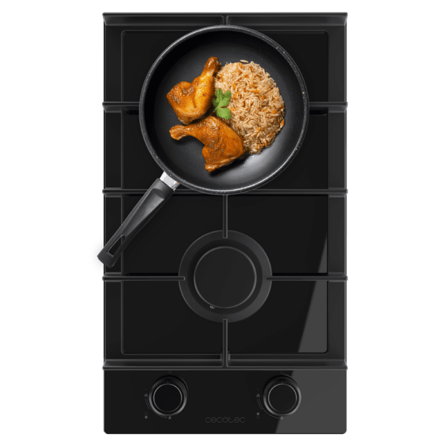 Bolero Squad G 2400F Glass Black - Placa de gas de 2 Fuegos, 5,2kW, Glass Black, Parrillas de Hierro Fundido, Quemador WOK Triple Corona, Encendido Electrónico, Seguridad en Válvulas, accesorio para la conversión de gas incluído.