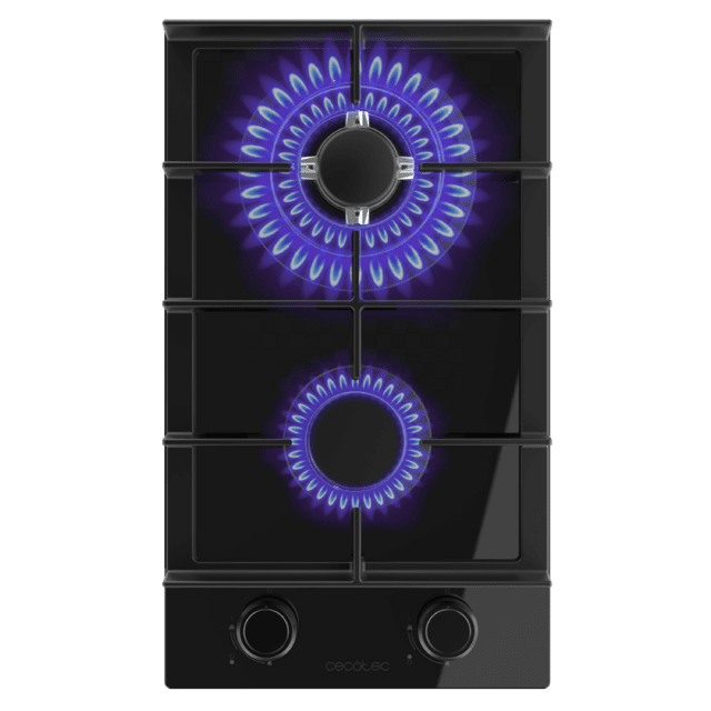 Bolero Squad G 2400F Glass Black - Placa de gas de 2 Fuegos, 5,2kW, Glass Black, Parrillas de Hierro Fundido, Quemador WOK Triple Corona, Encendido Electrónico, Seguridad en Válvulas, accesorio para la conversión de gas incluído.