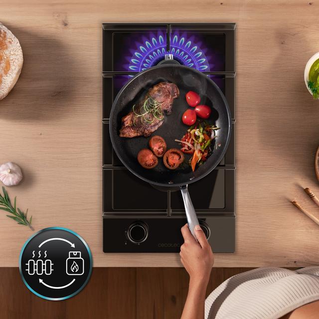 Bolero Squad G 2400F Glass Black - Placa de gas de 2 Fuegos, 5,2kW, Glass Black, Parrillas de Hierro Fundido, Quemador WOK Triple Corona, Encendido Electrónico, Seguridad en Válvulas, accesorio para la conversión de gas incluído.