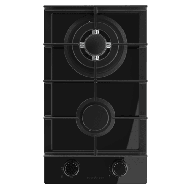 Bolero Squad G 2400F Glass Black - Placa de gas de 2 Fuegos, 5,2kW, Glass Black, Parrillas de Hierro Fundido, Quemador WOK Triple Corona, Encendido Electrónico, Seguridad en Válvulas, accesorio para la conversión de gas incluído.