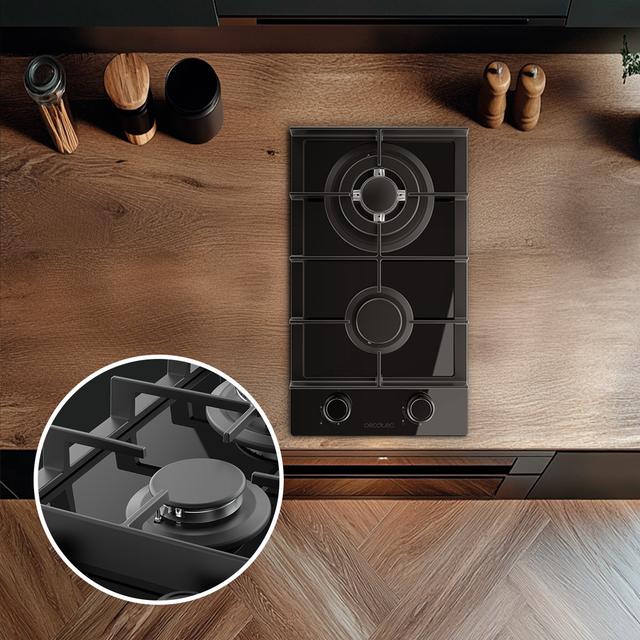 Bolero Squad G 2400F Glass Black - Placa de gas de 2 Fuegos, 5,2kW, Glass Black, Parrillas de Hierro Fundido, Quemador WOK Triple Corona, Encendido Electrónico, Seguridad en Válvulas, accesorio para la conversión de gas incluído.