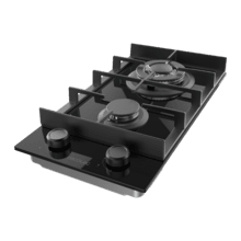 Bolero Squad G 2400F Glass Black - Placa de gas de 2 Fuegos, 5,2kW, Glass Black, Parrillas de Hierro Fundido, Quemador WOK Triple Corona, Encendido Electrónico, Seguridad en Válvulas, accesorio para la conversión de gas incluído.