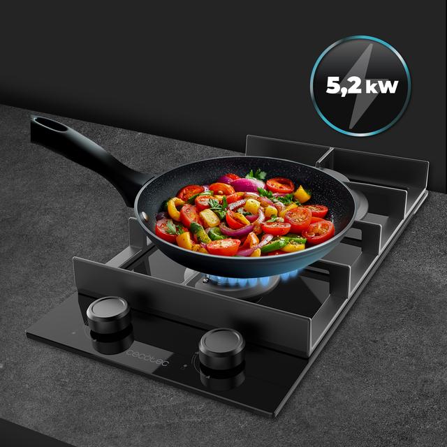 Bolero Squad G 2400F Glass Black - Placa de gas de 2 Fuegos, 5,2kW, Glass Black, Parrillas de Hierro Fundido, Quemador WOK Triple Corona, Encendido Electrónico, Seguridad en Válvulas, accesorio para la conversión de gas incluído.