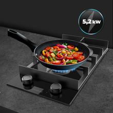 Bolero Squad G 2400F Glass Black - Placa de gas de 2 Fuegos, 5,2kW, Glass Black, Parrillas de Hierro Fundido, Quemador WOK Triple Corona, Encendido Electrónico, Seguridad en Válvulas, accesorio para la conversión de gas incluído.