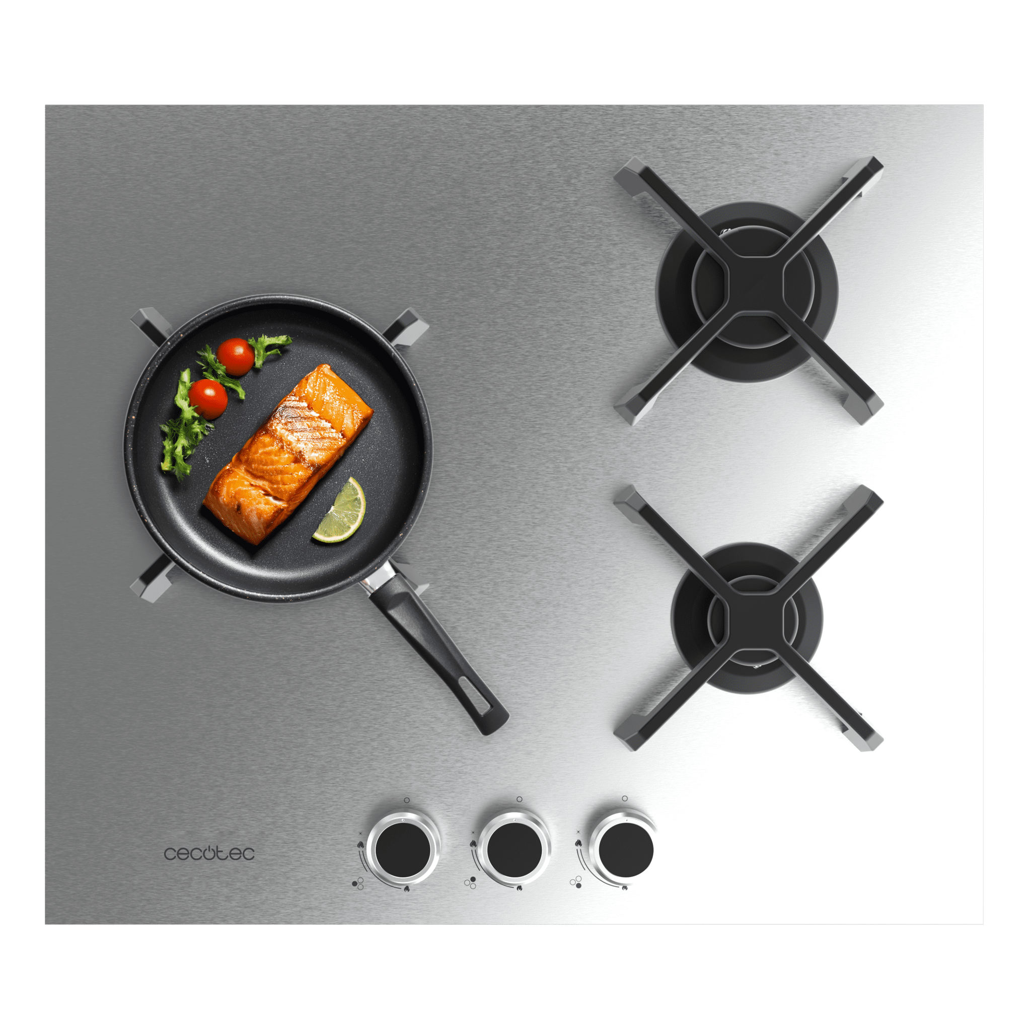 Bolero Squad G 3400S Inox Cecotec Bolero Squad G 3400S Inox - Piano cottura a gas a 3 fuochi, 6,2kW, Acciaio inossidabile, griglie in ghisa, bruciatore WOK a tripla corona, accensione elettronica, valvola di sicurezza, convertibile in gas butano.