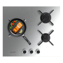 Bolero Squad G 3400S Inox - Placa de gas de 3 Fuegos, 6,2kW, Acero Inoxidable, Parrillas de Hierro Fundido, Quemador WOK Triple Corona, Encendido Electrónico, Seguridad en Válvulas, accesorio para la conversión de gas incluído.