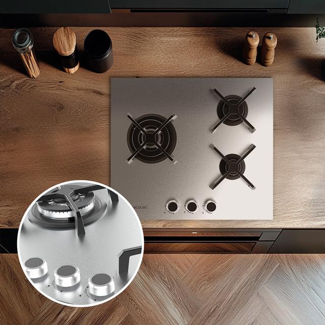 Bolero Squad G 3400S Inox Plaque de cuisson à gaz Cecotec Bolero Squad G 3400S Inox - avec 3 foyers, 6,2 kW, acier inoxydable, grilles en fonte, foyer WOK à triple anneau, allumage électronique, système de sécurité des valves, conversion au gaz butane.