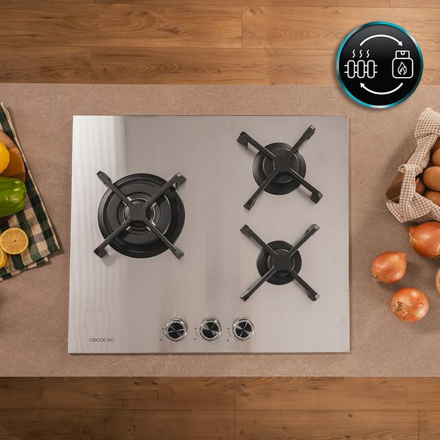 Bolero Squad G 3400S Inox Plaque de cuisson à gaz Cecotec Bolero Squad G 3400S Inox - avec 3 foyers, 6,2 kW, acier inoxydable, grilles en fonte, foyer WOK à triple anneau, allumage électronique, système de sécurité des valves, conversion au gaz butane.