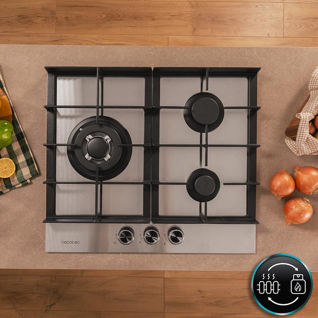 Bolero Squad G 3400F Inox Plaque de cuisson à gaz Cecotec Bolero Squad G 3400F Inox - avec 3 foyers, 6,2 kW, acier inoxydable, grilles en fonte, foyer WOK à triple anneau, allumage électronique, système de sécurité des valves, conversion au gaz butane.