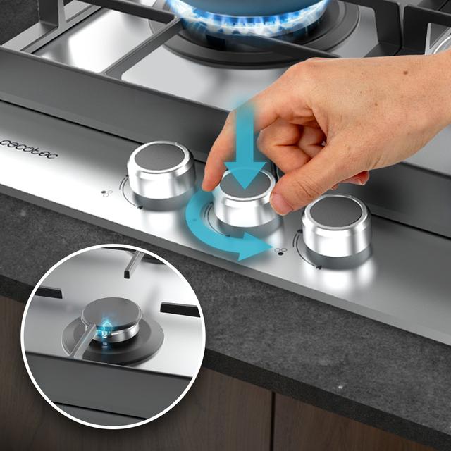 Bolero Squad G 3400F Inox Plaque de cuisson à gaz Cecotec Bolero Squad G 3400F Inox - avec 3 foyers, 6,2 kW, acier inoxydable, grilles en fonte, foyer WOK à triple anneau, allumage électronique, système de sécurité des valves, conversion au gaz butane.