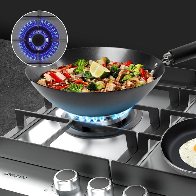 Bolero Squad G 3400F Inox Plaque de cuisson à gaz Cecotec Bolero Squad G 3400F Inox - avec 3 foyers, 6,2 kW, acier inoxydable, grilles en fonte, foyer WOK à triple anneau, allumage électronique, système de sécurité des valves, conversion au gaz butane.