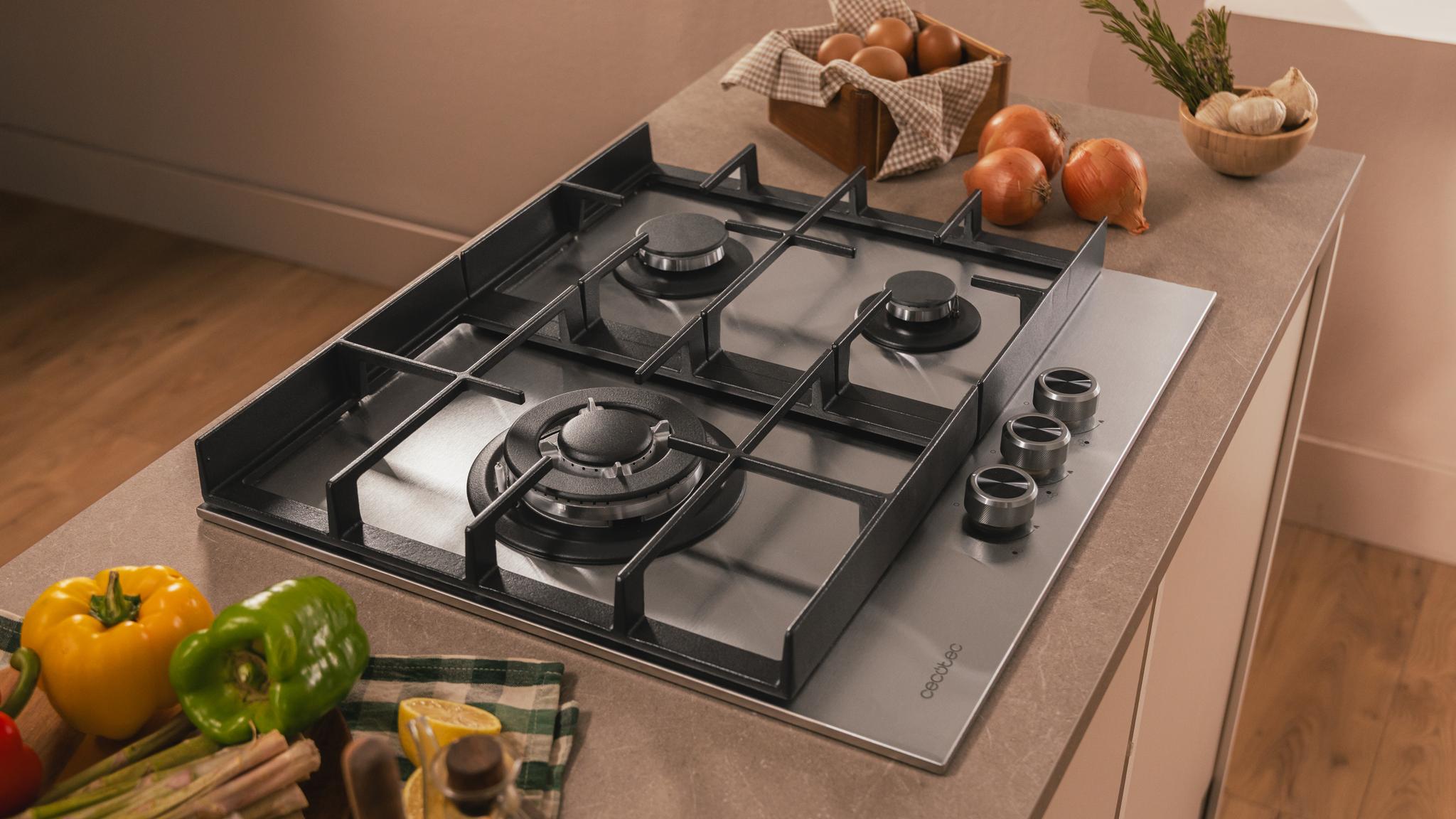 Placa de 3 fuegos y acabado inox