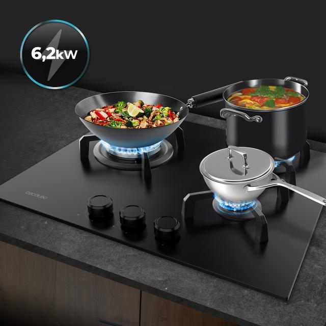 Bolero Squad G 3400S Nano Glass Plaque de cuisson à gaz Cecotec Bolero Squad G 3400S Nano Glass avec 3 foyers, 6,2 kW, Nano Glass, grilles en fonte, foyer WOK à triple anneau, allumage électronique, système de sécurité des valves, conversion au gaz butane.
