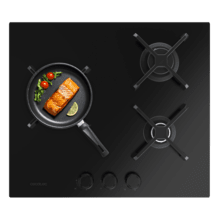 Bolero Squad G 3400S Nano Glass - Placa de gas de 3 Fuegos, 6,2kW, Nano Glass, Parrillas de Hierro Fundido, Quemador WOK Triple Corona, Encendido Electrónico, Seguridad en Válvulas, accesorio para la conversión de gas incluído.