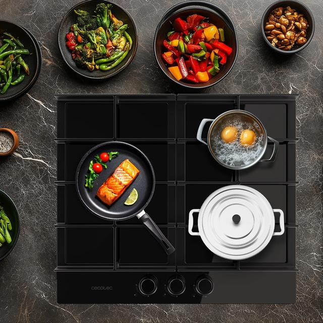Bolero Squad G 3400F Glass Black Plaque de cuisson à gaz Cecotec Bolero Squad G 3400F Glass Black avec 3 foyers, 6,2 kW, Glass Black, grilles en fonte, foyer WOK à triple anneau, allumage électronique, système de sécurité des valves, conversion au gaz butane