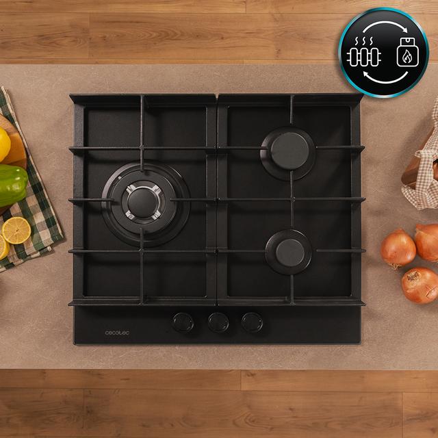 Bolero Squad G 3400F Glass Black Plaque de cuisson à gaz Cecotec Bolero Squad G 3400F Glass Black avec 3 foyers, 6,2 kW, Glass Black, grilles en fonte, foyer WOK à triple anneau, allumage électronique, système de sécurité des valves, conversion au gaz butane