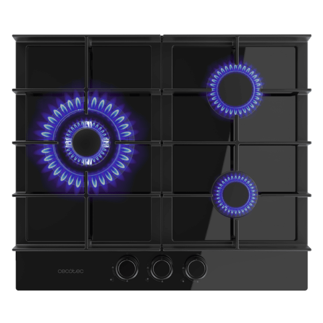 Bolero Squad G 3400F Glass Black Plaque de cuisson à gaz Cecotec Bolero Squad G 3400F Glass Black avec 3 foyers, 6,2 kW, Glass Black, grilles en fonte, foyer WOK à triple anneau, allumage électronique, système de sécurité des valves, conversion au gaz butane