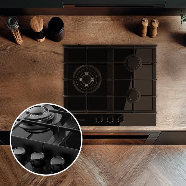 Bolero Squad G 3400F Glass Black Plaque de cuisson à gaz Cecotec Bolero Squad G 3400F Glass Black avec 3 foyers, 6,2 kW, Glass Black, grilles en fonte, foyer WOK à triple anneau, allumage électronique, système de sécurité des valves, conversion au gaz butane