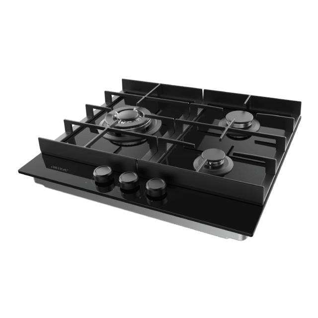 Bolero Squad G 3400F Glass Black Plaque de cuisson à gaz Cecotec Bolero Squad G 3400F Glass Black avec 3 foyers, 6,2 kW, Glass Black, grilles en fonte, foyer WOK à triple anneau, allumage électronique, système de sécurité des valves, conversion au gaz butane
