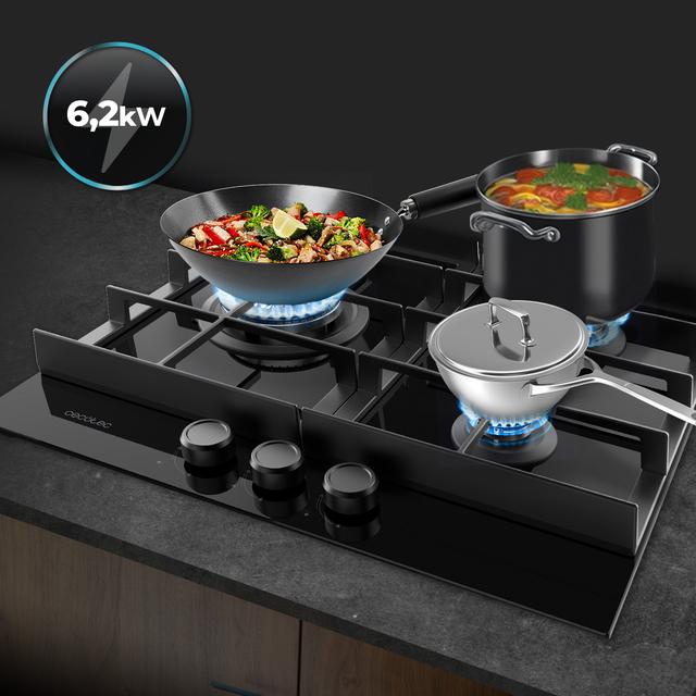 Bolero Squad G 3400F Glass Black Plaque de cuisson à gaz Cecotec Bolero Squad G 3400F Glass Black avec 3 foyers, 6,2 kW, Glass Black, grilles en fonte, foyer WOK à triple anneau, allumage électronique, système de sécurité des valves, conversion au gaz butane