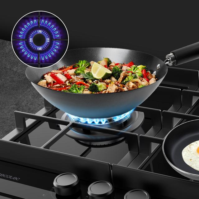 Bolero Squad G 3400F Glass Black Plaque de cuisson à gaz Cecotec Bolero Squad G 3400F Glass Black avec 3 foyers, 6,2 kW, Glass Black, grilles en fonte, foyer WOK à triple anneau, allumage électronique, système de sécurité des valves, conversion au gaz butane