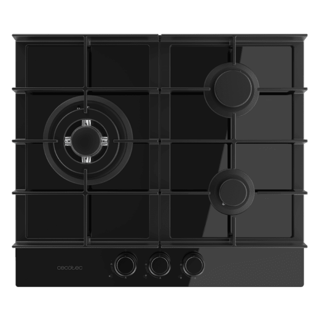 Bolero Squad G 3400F Glass Black Plaque de cuisson à gaz Cecotec Bolero Squad G 3400F Glass Black avec 3 foyers, 6,2 kW, Glass Black, grilles en fonte, foyer WOK à triple anneau, allumage électronique, système de sécurité des valves, conversion au gaz butane