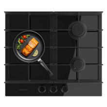 Bolero Squad G 3400F Glass Black - Placa de gas de 3 Fuegos, 6,2kW, Glass Black, Parrillas de Hierro Fundido, Quemador WOK Triple Corona, Encendido Electrónico, Seguridad en Válvulas, accesorio para la conversión de gas incluído.