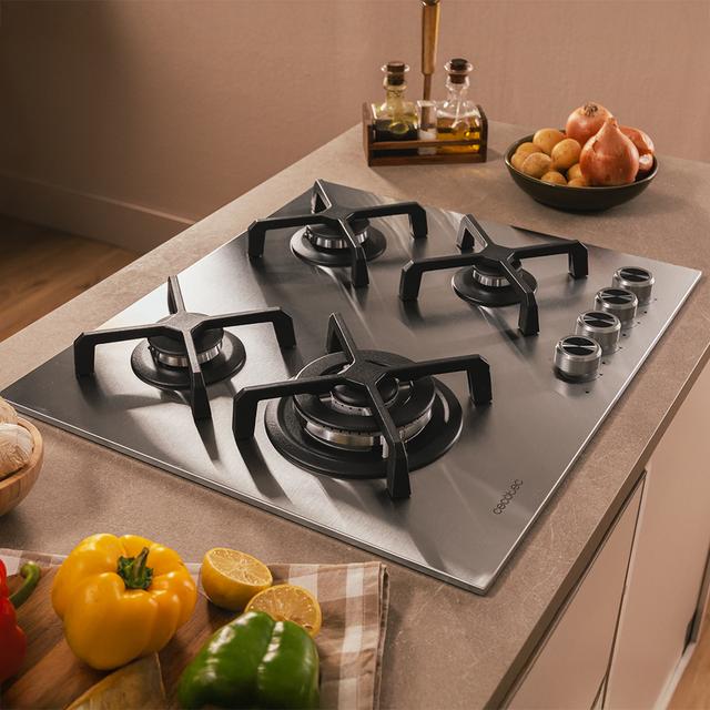 Bolero Squad G 4400S Inox - Placa de gas de 4 Fuegos, 8kW, Acero Inoxidable, Parrillas de Hierro Fundido, Quemador WOK Triple Corona, Encendido Electrónico, Seguridad en Válvulas, accesorio para la conversión de gas incluído.