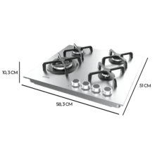 Bolero Squad G 4400S Inox - Placa de gas de 4 Fuegos, 8kW, Acero Inoxidable, Parrillas de Hierro Fundido, Quemador WOK Triple Corona, Encendido Electrónico, Seguridad en Válvulas, accesorio para la conversión de gas incluído.