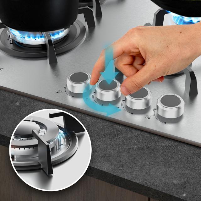 Bolero Squad G 4400S Inox - Placa de gas de 4 Fuegos, 8kW, Acero Inoxidable, Parrillas de Hierro Fundido, Quemador WOK Triple Corona, Encendido Electrónico, Seguridad en Válvulas, accesorio para la conversión de gas incluído.