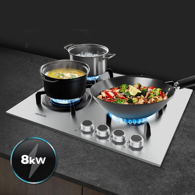 Bolero Squad G 4400S Inox - Placa de gas de 4 Fuegos, 8kW, Acero Inoxidable, Parrillas de Hierro Fundido, Quemador WOK Triple Corona, Encendido Electrónico, Seguridad en Válvulas, accesorio para la conversión de gas incluído.