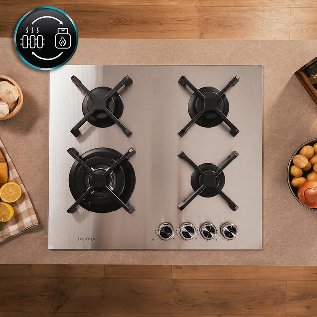 Bolero Squad G 4400S Inox - Placa de gas de 4 Fuegos, 8kW, Acero Inoxidable, Parrillas de Hierro Fundido, Quemador WOK Triple Corona, Encendido Electrónico, Seguridad en Válvulas, accesorio para la conversión de gas incluído.