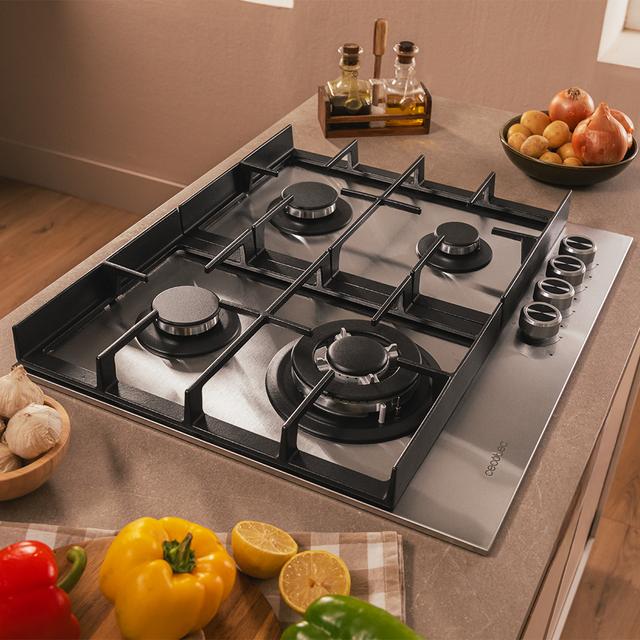 Bolero Squad G 4400F Inox - Placa de gas de 4 Fuegos, 8kW, Acero Inoxidable, Parrillas de Hierro Fundido, Quemador WOK Triple Corona, Encendido Electrónico, Seguridad en Válvulas, accesorio para la conversión de gas incluído.