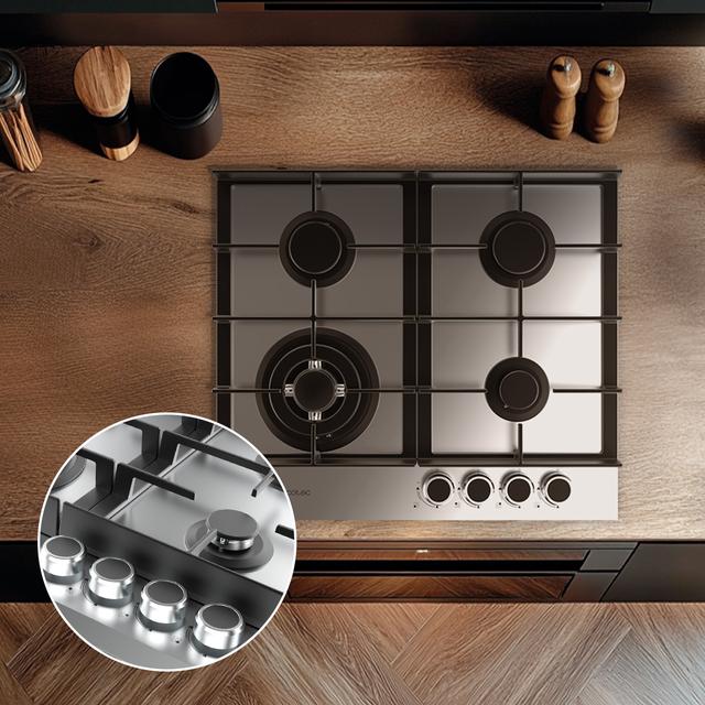 Bolero Squad G 4400F Inox - Placa de gas de 4 Fuegos, 8kW, Acero Inoxidable, Parrillas de Hierro Fundido, Quemador WOK Triple Corona, Encendido Electrónico, Seguridad en Válvulas, accesorio para la conversión de gas incluído.
