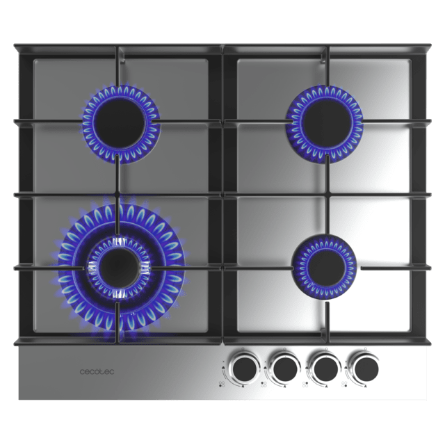 Bolero Squad G 4400F Inox - Placa de gas de 4 Fuegos, 8kW, Acero Inoxidable, Parrillas de Hierro Fundido, Quemador WOK Triple Corona, Encendido Electrónico, Seguridad en Válvulas, accesorio para la conversión de gas incluído.