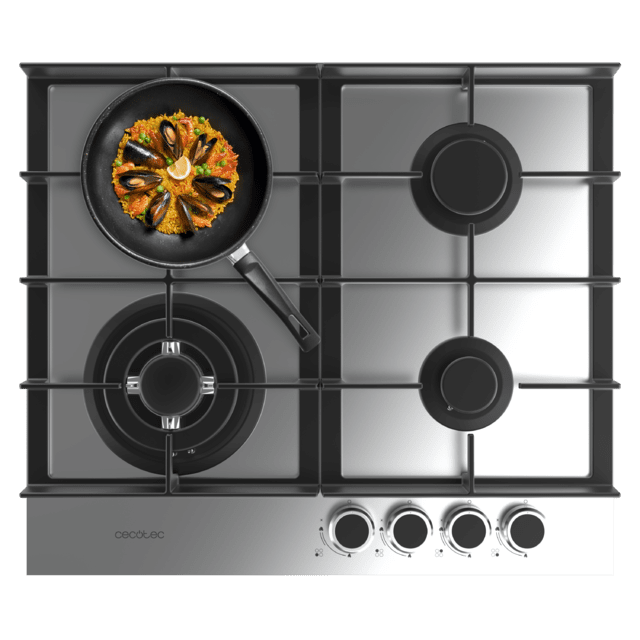 Bolero Squad G 4400F Inox - Placa de gas de 4 Fuegos, 8kW, Acero Inoxidable, Parrillas de Hierro Fundido, Quemador WOK Triple Corona, Encendido Electrónico, Seguridad en Válvulas, accesorio para la conversión de gas incluído.