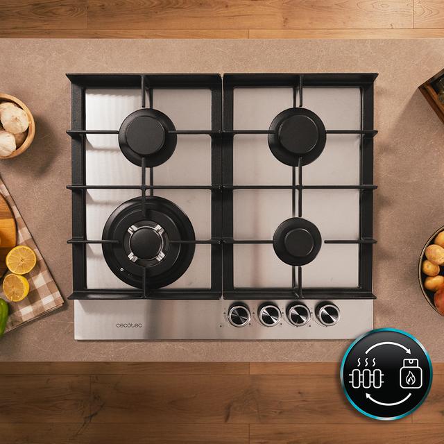 Bolero Squad G 4400F Inox - Placa de gas de 4 Fuegos, 8kW, Acero Inoxidable, Parrillas de Hierro Fundido, Quemador WOK Triple Corona, Encendido Electrónico, Seguridad en Válvulas, accesorio para la conversión de gas incluído.