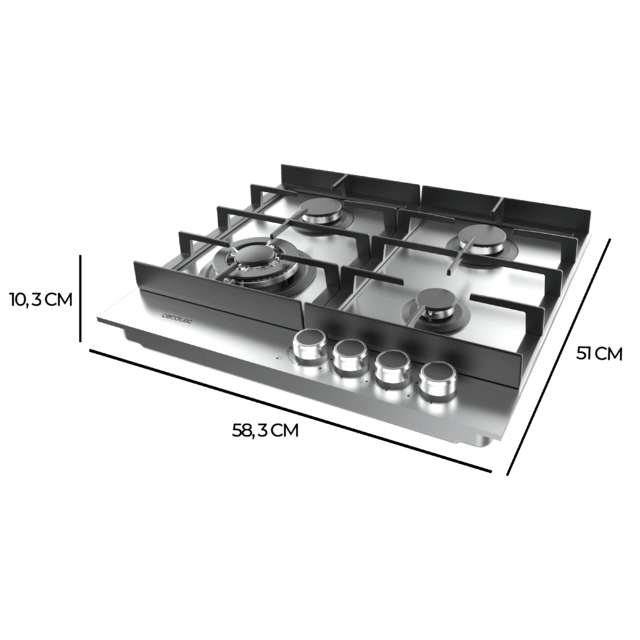 Bolero Squad G 4400F Inox - Placa de gas de 4 Fuegos, 8kW, Acero Inoxidable, Parrillas de Hierro Fundido, Quemador WOK Triple Corona, Encendido Electrónico, Seguridad en Válvulas, accesorio para la conversión de gas incluído.