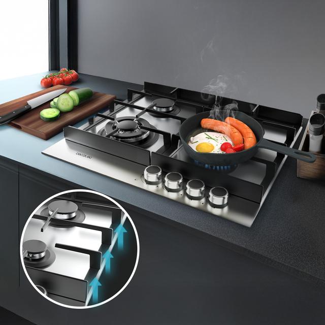 Bolero Squad G 4400F Inox - Placa de gas de 4 Fuegos, 8kW, Acero Inoxidable, Parrillas de Hierro Fundido, Quemador WOK Triple Corona, Encendido Electrónico, Seguridad en Válvulas, accesorio para la conversión de gas incluído.