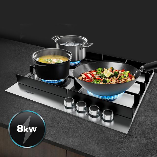 Bolero Squad G 4400F Inox - Placa de gas de 4 Fuegos, 8kW, Acero Inoxidable, Parrillas de Hierro Fundido, Quemador WOK Triple Corona, Encendido Electrónico, Seguridad en Válvulas, accesorio para la conversión de gas incluído.