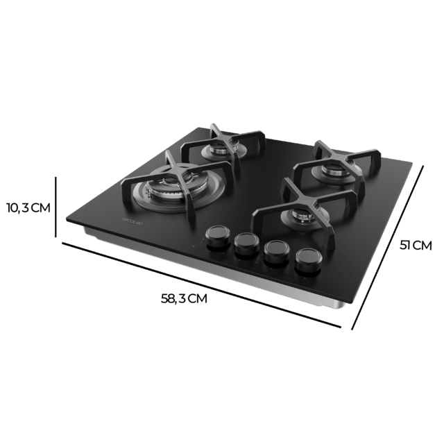 Bolero Squad G 4400S Nano Glass - Placa de gas de 4 Fuegos, 8kW, Nano Glass, Parrillas de Hierro Fundido, Quemador WOK Triple Corona, Encendido Electrónico, Seguridad en Válvulas, accesorio para la conversión de gas incluído.