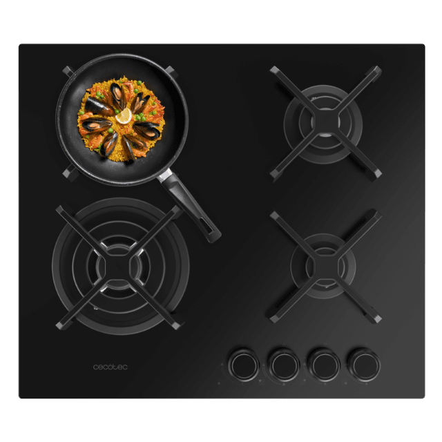 Bolero Squad G 4400S Nano Glass - Placa de gas de 4 Fuegos, 8kW, Nano Glass, Parrillas de Hierro Fundido, Quemador WOK Triple Corona, Encendido Electrónico, Seguridad en Válvulas, accesorio para la conversión de gas incluído.