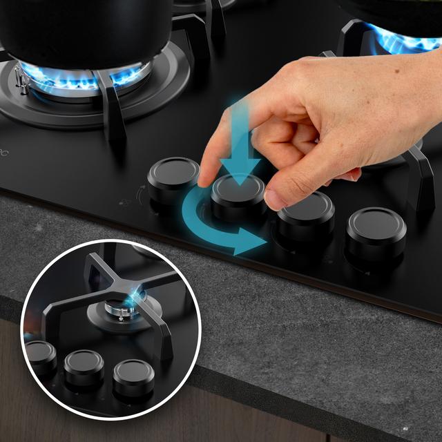 Bolero Squad G 4400S Nano Glass - Placa de gas de 4 Fuegos, 8kW, Nano Glass, Parrillas de Hierro Fundido, Quemador WOK Triple Corona, Encendido Electrónico, Seguridad en Válvulas, accesorio para la conversión de gas incluído.