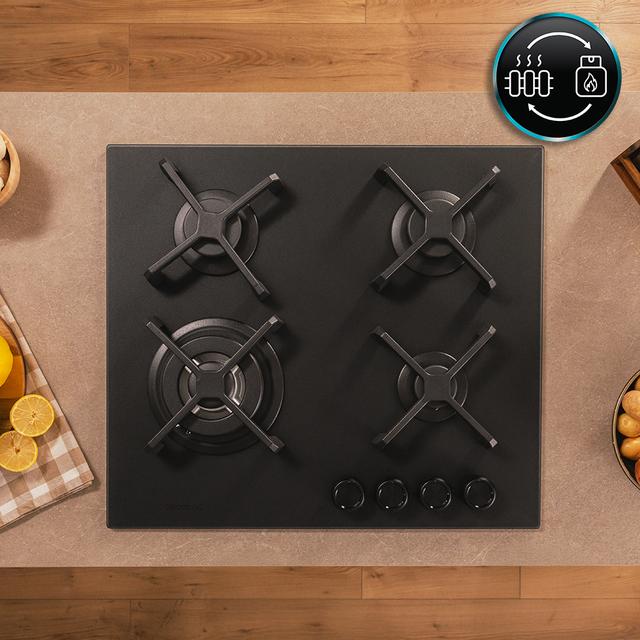 Bolero Squad G 4400S Nano Glass - Placa de gas de 4 Fuegos, 8kW, Nano Glass, Parrillas de Hierro Fundido, Quemador WOK Triple Corona, Encendido Electrónico, Seguridad en Válvulas, accesorio para la conversión de gas incluído.