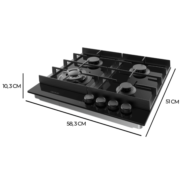 Bolero Squad G 4400F Glass Black - Placa de gas de 4 Fuegos, 8kW, Glass Black, Parrillas de Hierro Fundido, Quemador WOK Triple Corona, Encendido Electrónico, Seguridad en Válvulas, accesorio para la conversión de gas incluído.
