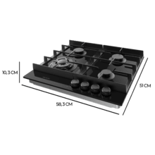 Bolero Squad G 4400F Glass Black - Placa de gas de 4 Fuegos, 8kW, Glass Black, Parrillas de Hierro Fundido, Quemador WOK Triple Corona, Encendido Electrónico, Seguridad en Válvulas, accesorio para la conversión de gas incluído.