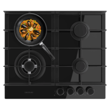 Bolero Squad G 4400F Glass Black - Placa de gas de 4 Fuegos, 8kW, Glass Black, Parrillas de Hierro Fundido, Quemador WOK Triple Corona, Encendido Electrónico, Seguridad en Válvulas, accesorio para la conversión de gas incluído.