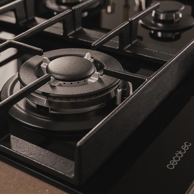 Bolero Squad G 4400F Glass Black - Placa de gas de 4 Fuegos, 8kW, Glass Black, Parrillas de Hierro Fundido, Quemador WOK Triple Corona, Encendido Electrónico, Seguridad en Válvulas, accesorio para la conversión de gas incluído.