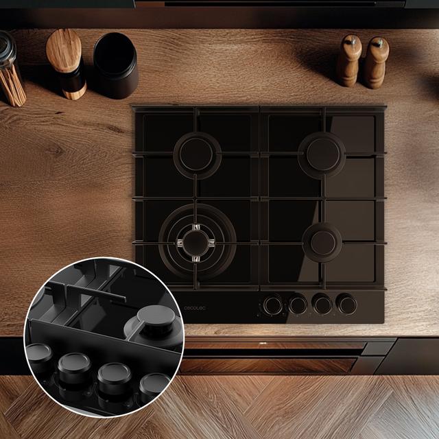 Bolero Squad G 4400F Glass Black - Placa de gas de 4 Fuegos, 8kW, Glass Black, Parrillas de Hierro Fundido, Quemador WOK Triple Corona, Encendido Electrónico, Seguridad en Válvulas, accesorio para la conversión de gas incluído.