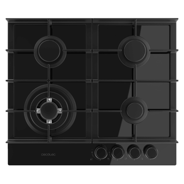 Bolero Squad G 4400F Glass Black - Placa de gas de 4 Fuegos, 8kW, Glass Black, Parrillas de Hierro Fundido, Quemador WOK Triple Corona, Encendido Electrónico, Seguridad en Válvulas, accesorio para la conversión de gas incluído.
